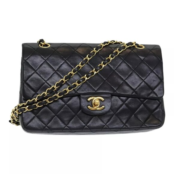 CHANEL Matelasse 25 Turn Lock Chain Hand Bag Lamb Skin Black CC Auth yk14030A - Picture 1 of 16